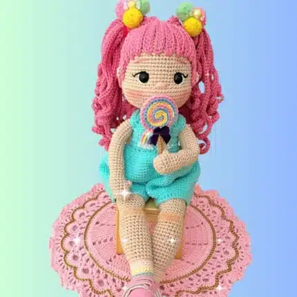 Crochet Doll Pattern with Pink Hair, Rainbow Dress & Lollipop – Cute Handmade Gift for Kids