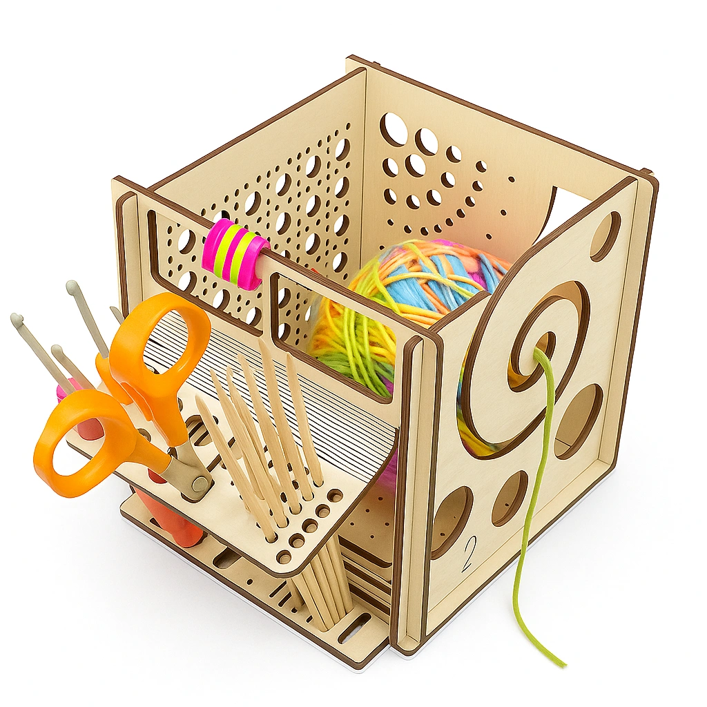 wooden-crochet-knitting-organizer-box-with-yarn-tools Wooden crochet and knitting organizer box with colorful yarn, scissors, crochet hooks, and bamboo needles — perfect for crafters and yarn storage.