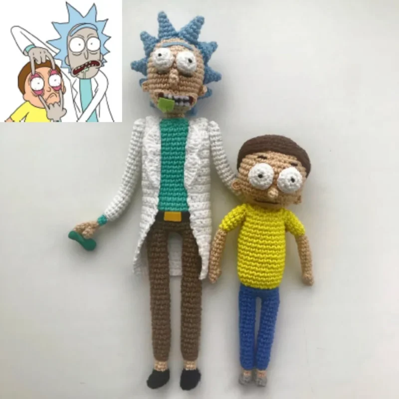 Rick Sanchez and Morty Smith standing side-by-side, ready for an adventure, iconic duo from Rick and Morty - featured in Sage & Silky crochet patterns.