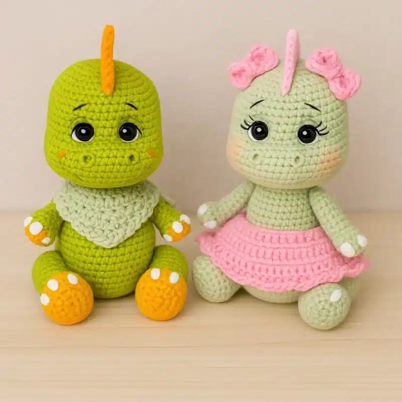 Dinosaur Couple Crochet Pattern – handmade boy and girl dinosaur amigurumi