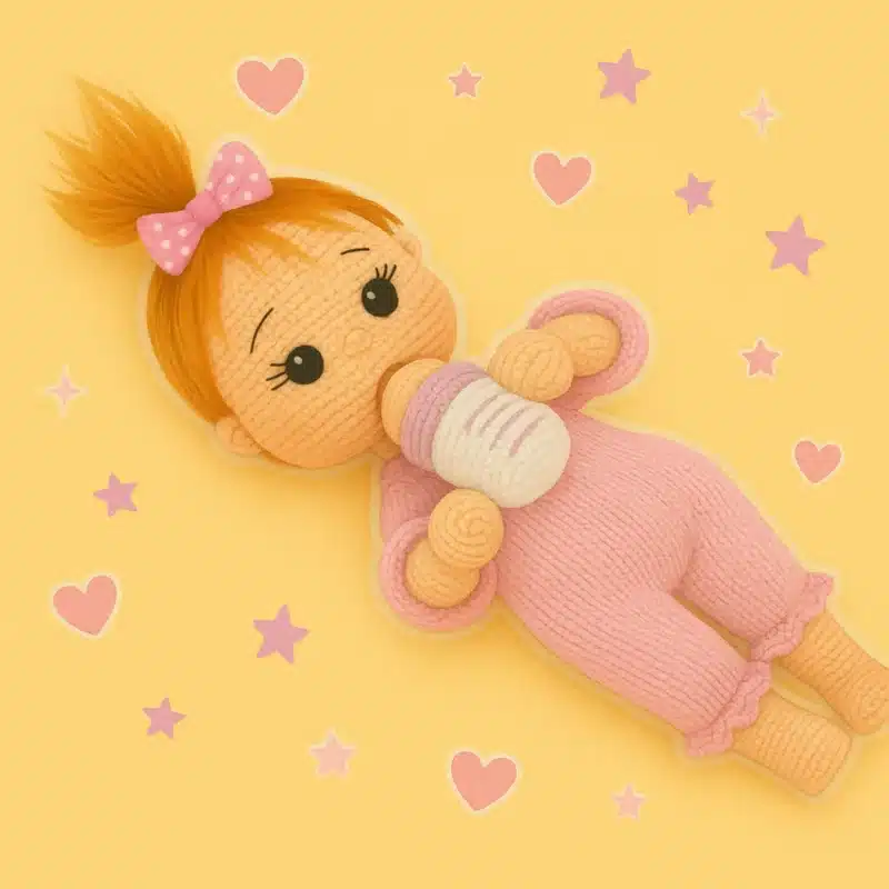 Baby Girl Amigurumi Crochet Pattern – doll holding crochet baby bottle