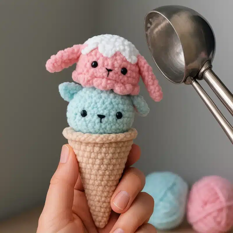 Strawberry Bunny and Mint Ice Cream Crochet Pattern – mint cone amigurumi plush
