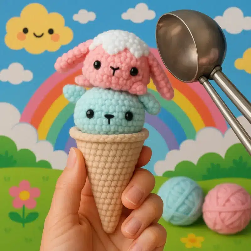 Strawberry Bunny and Mint Ice Cream Crochet Pattern – plush toy pair for beginners