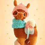 Hipster Llama Crochet Pattern brown llama with a light blue hat, mustard scarf, pom‑pom and black glasses