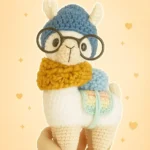 Hipster Llama Crochet Pattern white llama toy wearing a green hat, brown scarf, pastel saddle and green glasses