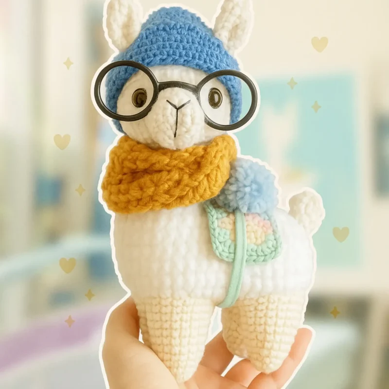 Hipster Llama Crochet Pattern with pink hat and blue scarf