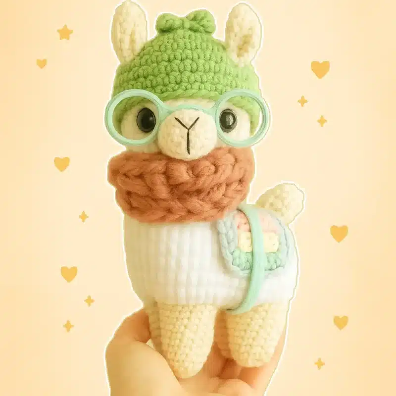 Hipster Llama Crochet Pattern llama toy with a dark blue hat, mustard yellow scarf and large black glasses