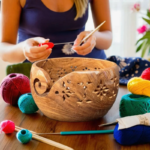 Large Yarn Bowl with Carved Holes & Drills | Knitting Crochet Accessories | Solid Wood Yarn Bowl For Crochet and Knitting Gift for knitter - Image 3