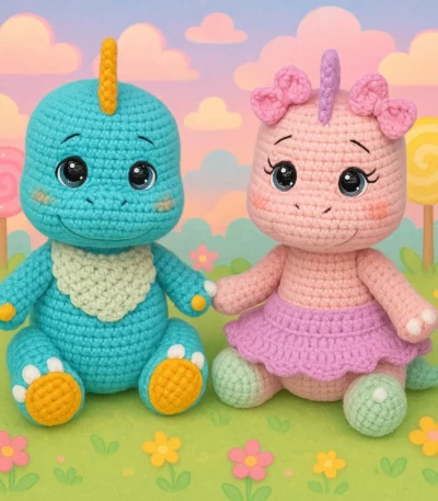 Dinosaur Couple Crochet Pattern – handmade boy and girl dinosaur amigurumi