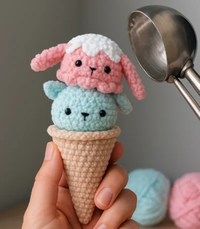 Strawberry Bunny and Mint Ice Cream Crochet Pattern – mint cone amigurumi plush