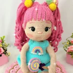 Crochet Doll Pattern with Pink Hair, Rainbow Dress & Lollipop – Cute Handmade Gift for Kids - Image 3