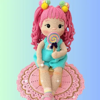 Crochet Doll Pattern with Pink Hair, Rainbow Dress & Lollipop – Cute Handmade Gift for Kids