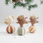 Crochet Kit Christmas Ornaments Dancing Bear Reindeer & Owl on striped Baubles, hanging / standing amigurumi decorations, Vintage Circus