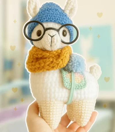 Hipster Llama Crochet Pattern with pink hat and blue scarf