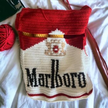 Oversized crochet cigarette box with matching giant cigarettes