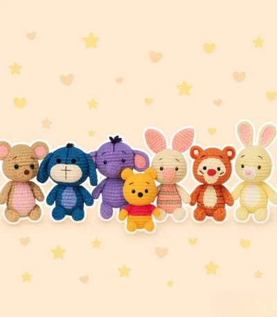 Handmade Winnie the Pooh Crochet Pattern plush toy bundle featuring Pooh