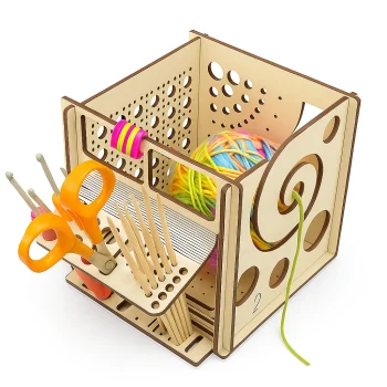 Wooden crochet and knitting organizer box with colorful yarn