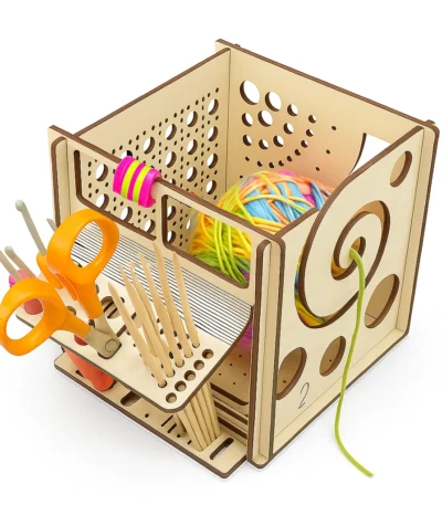 Wooden crochet and knitting organizer box with colorful yarn