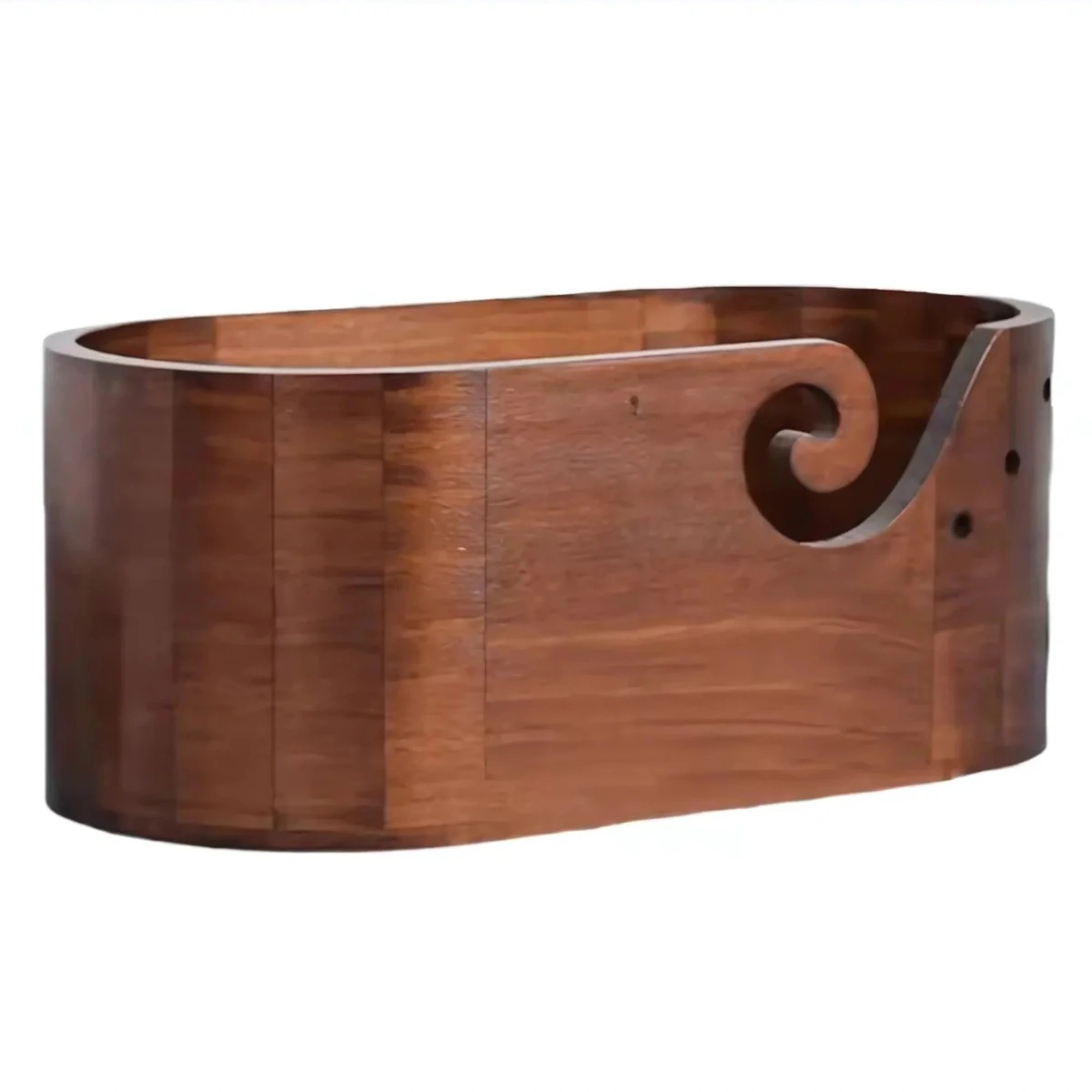 Wooden yarn bowl holder for crochet and amigurumi projects featuring a handcrafted swirl cutout design