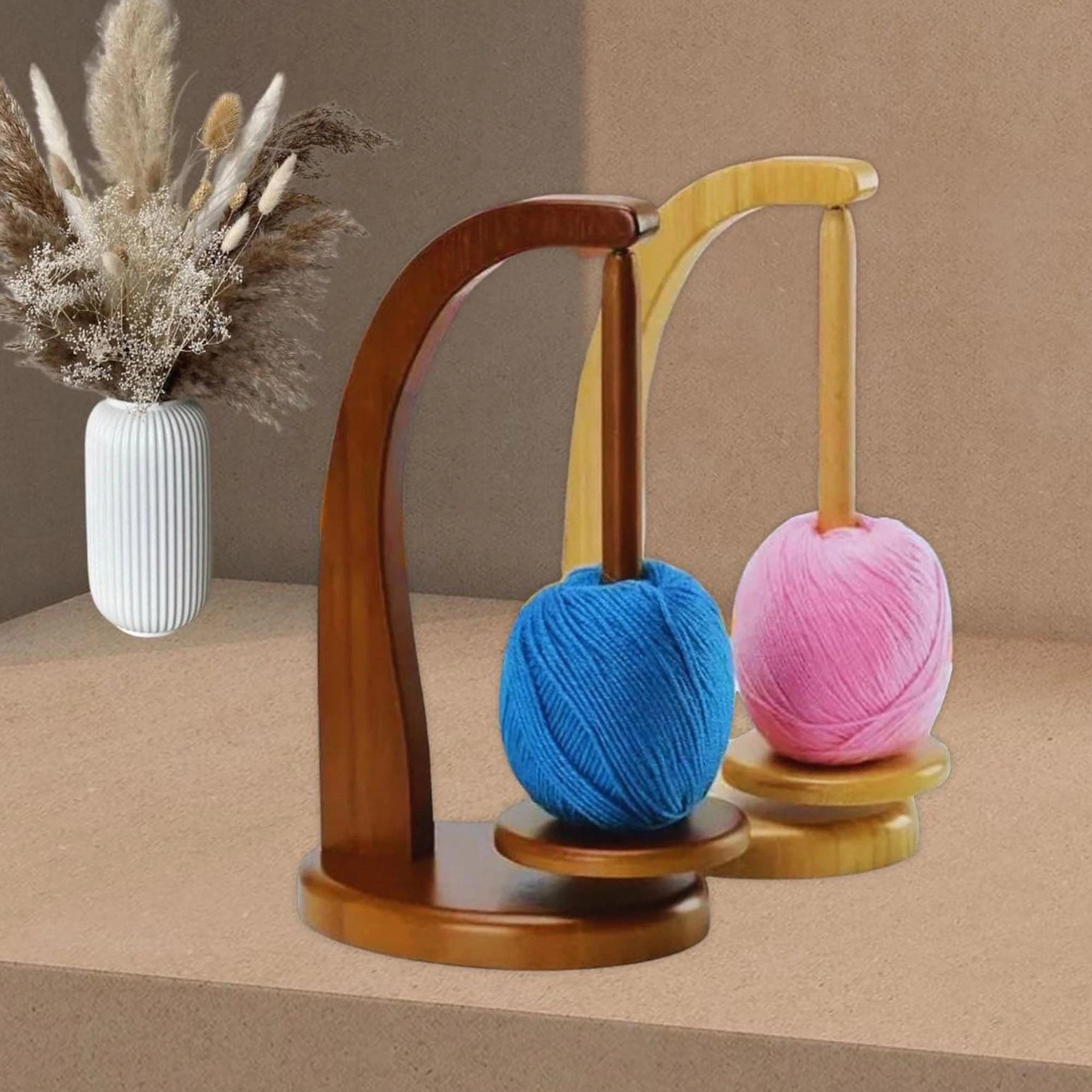 Wooden double yarn holder stand for crochet and amigurumi with pink and blue yarn balls