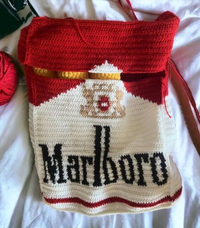 Oversized crochet cigarette box with matching giant cigarettes