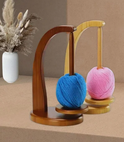 Wooden double yarn holder stand for crochet and amigurumi with pink and blue yarn balls