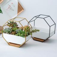 Geometric Ceramic Wall Planter with Octagonal Iron Frame - Image 2