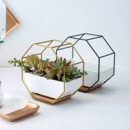 Geometric Ceramic Wall Planter with Octagonal Iron Frame - Image 4