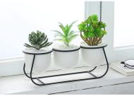 White Ceramic Succulent Planter Trio with Metal Sleigh Stand - Image 5
