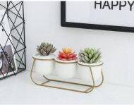 White Ceramic Succulent Planter Trio with Metal Sleigh Stand - Image 4