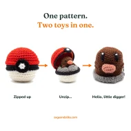Diglett reversible crochet pattern — the three step reveal: zipped ball, unzipping, finished Diglett