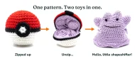 Ditto reversible crochet pattern — the three step reveal: zipped ball, unzipping, finished Ditto