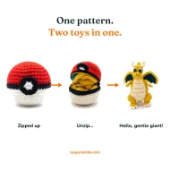 Dragonite reversible crochet pattern — the three step reveal: zipped ball, unzipping, finished Dragonite