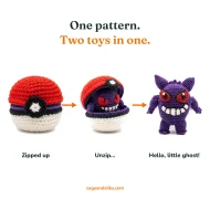 Gengar reversible crochet pattern — the three step reveal: zipped ball, unzipping, finished Gengar