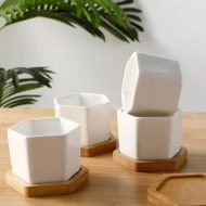 Hexagon Ceramic Succulent Planter with Bamboo Saucer - Image 2