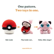 Jigglypuff reversible crochet pattern — the three step reveal: zipped ball, unzipping, finished Jigglypuff