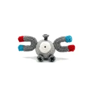 Magnemite reversible crochet pattern — the finished Magnemite amigurumi standing alone on a white background