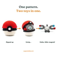 Magnemite reversible crochet pattern — the three step reveal: zipped ball, unzipping, finished Magnemite
