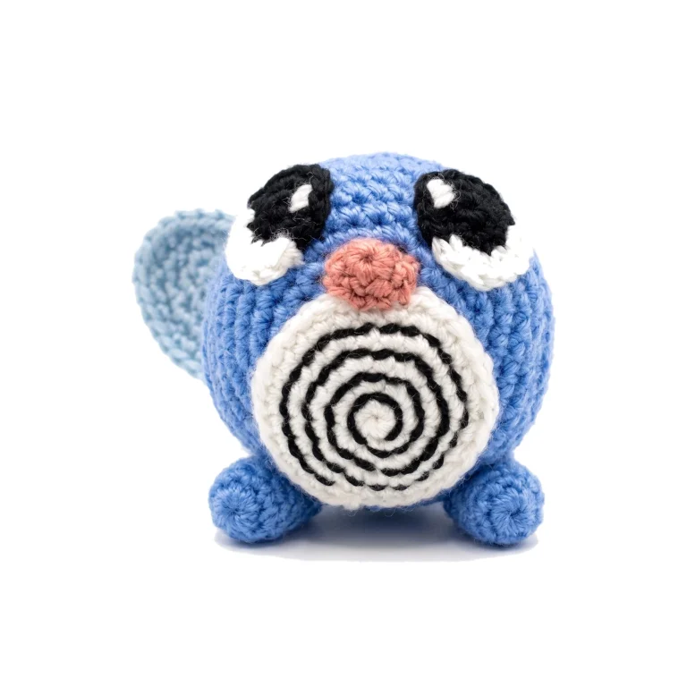 Poliwag reversible crochet pattern — the finished Poliwag amigurumi standing alone on a white background