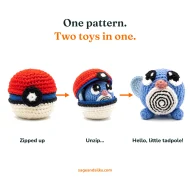 Poliwag reversible crochet pattern — the three step reveal: zipped ball, unzipping, finished Poliwag
