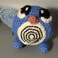 Poliwag reversible crochet pattern — a real photo of the finished Poliwag plush from the side