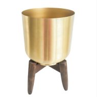 Gold Metal Planter with Wooden Plant Stand - Image 2