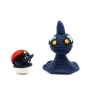 Shuppet reversible crochet pattern — the Shuppet plush with the closed ball, showing both halves of the pattern