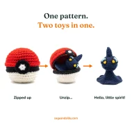 Shuppet reversible crochet pattern — the three step reveal: zipped ball, unzipping, finished Shuppet