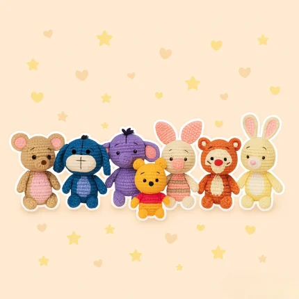 Handmade Winnie the Pooh Crochet Pattern plush toy bundle featuring Pooh