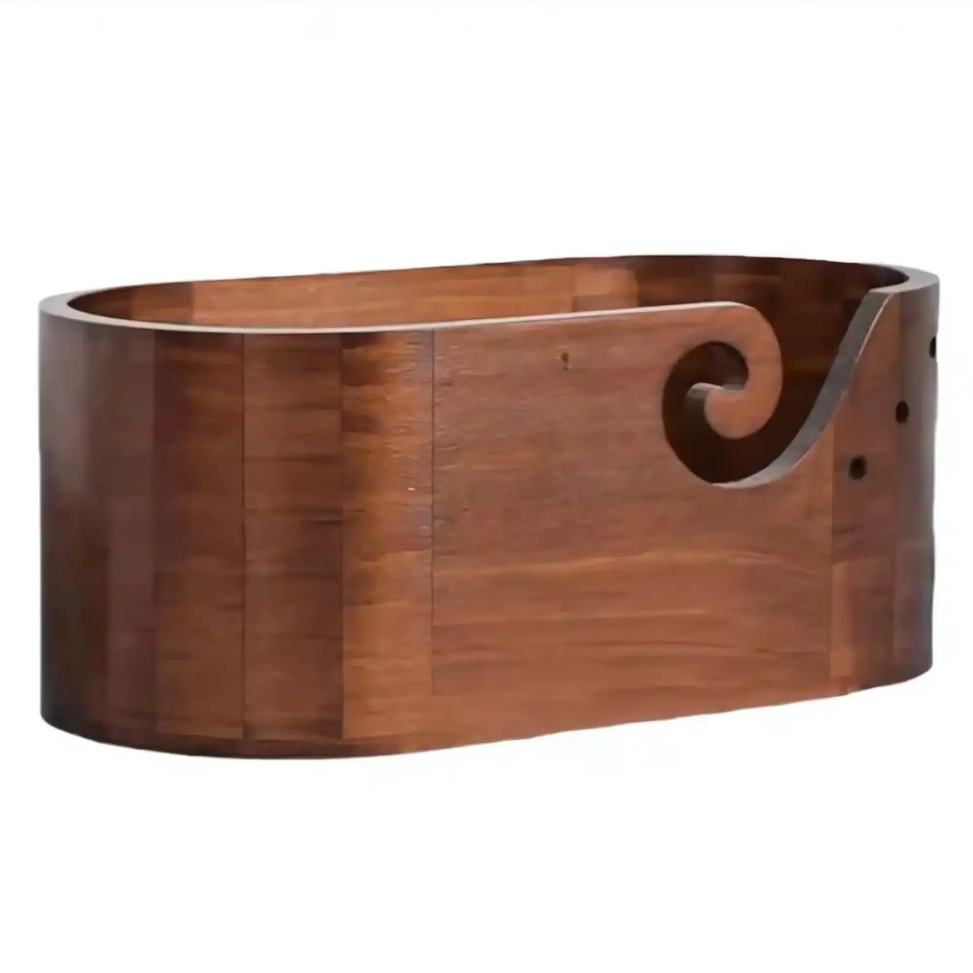 Wooden yarn bowl holder for crochet and amigurumi projects featuring a handcrafted swirl cutout design