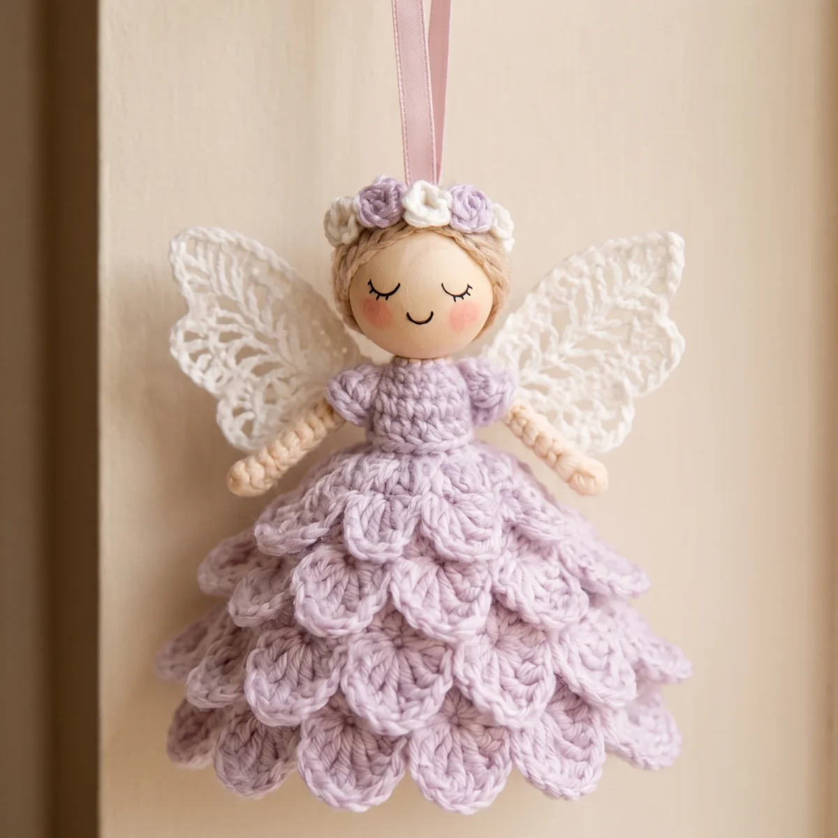 Finished crochet angel ornament pattern displayed against a cream wall