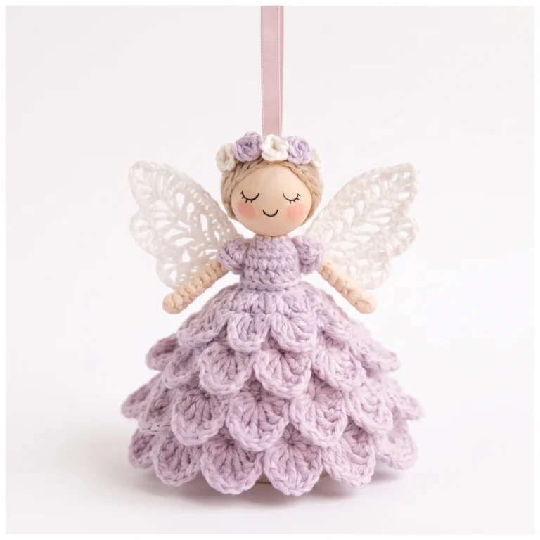 Crochet angel ornament pattern — the finished lace-wing angel on a pink ribbon