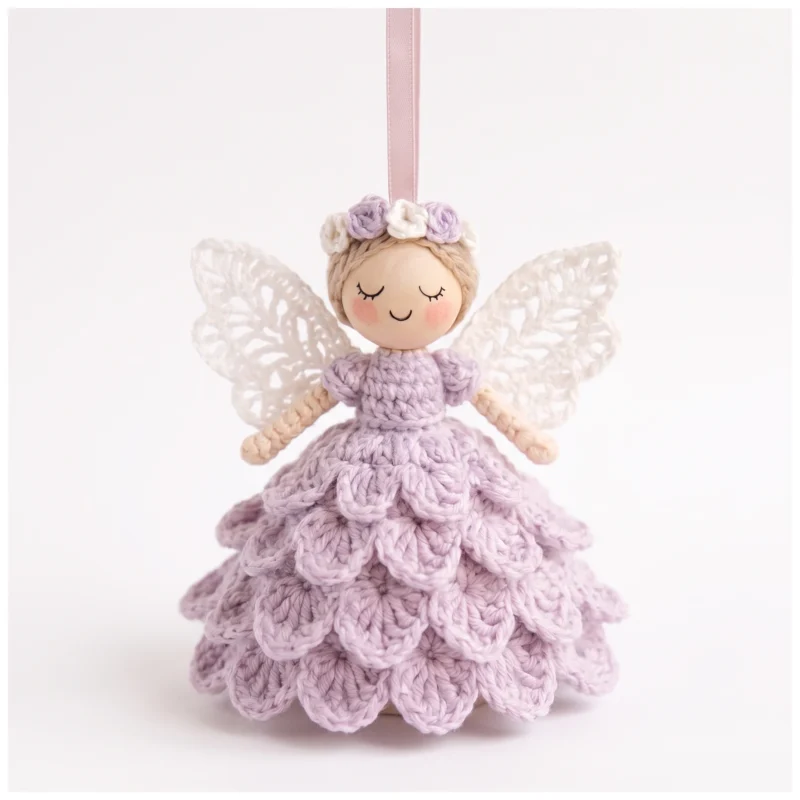 Crochet angel ornament pattern — the finished lace-wing angel on a pink ribbon