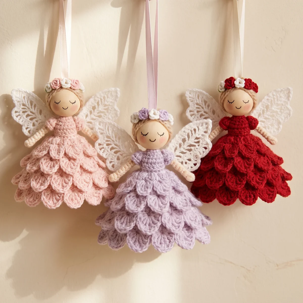 Crochet angel ornament pattern worked in three colourways: blush, lilac and deep red